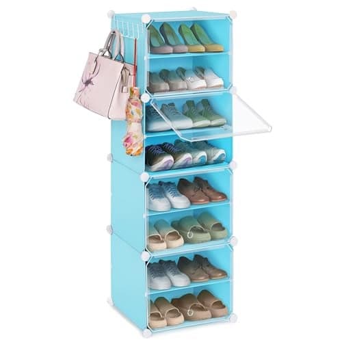 ABOUT SPACE Shoe Rack Organizer - 12 Layer Shoe Stand with Hanger & Door for Home - DIY 16 Pair Portable, Expandable 4 Cube Shoe Stand for Women, Men, Outdoor (Blue- L 80 x B 30 x H 90 cm) - Plastic