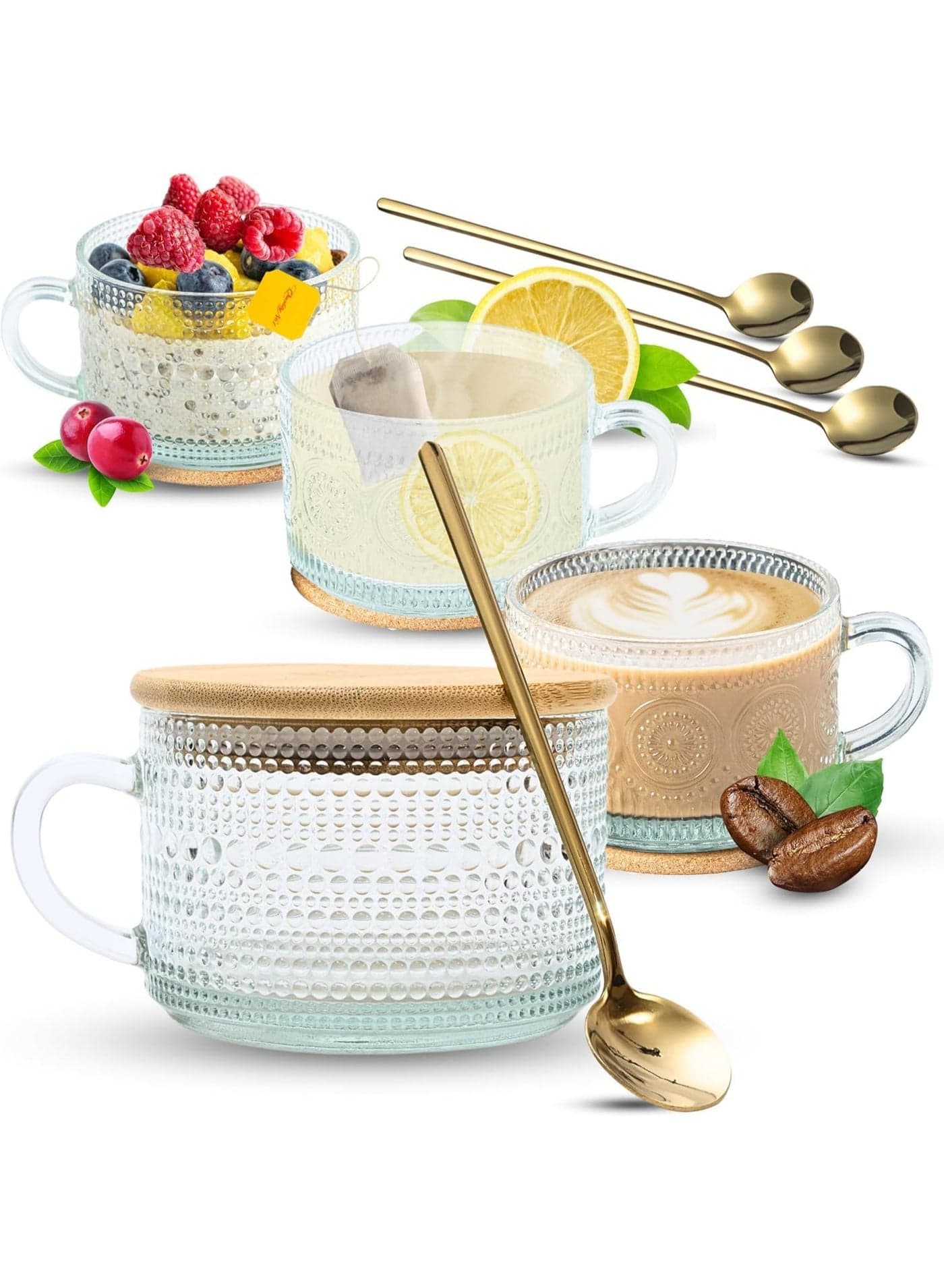 Vintage Glass Coffee Mugs (4Pcs, 14oz), Overnight Oats Containers with Lids and Spoons, Clear Embossed Glass Cups, Coffee Bar Accessories, Gifts for Women, White Elephant Gifts