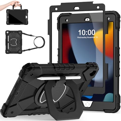Scnioy Case for iPad 9th Generation iPad Case 9th 8th 7th Generation iPad 10.2 Inch iPad 9th Gen Cover with Screen Protector Pen Holder TabletCases 360° Rotating Stand, Black Black