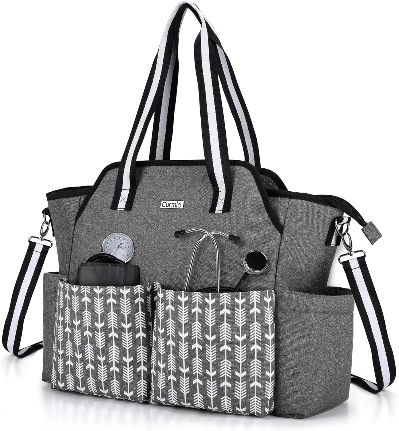 CURMIO Home Health Nurse Bag, Portable Medical Supplies Bag for Home Visits, Clinical Study, Health Care, Gray with Arrow(Bag Only, Patented Design)
