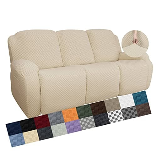 YEMYHOM 8 Pieces Stretch Recliner Sofa Cover Latest Jacquard Reclining Couch Cover with Side Pocket Anti-Slip Fitted 3 Cushion Furniture Slipcovers with Elastic Bottom (Sofa Recliner, Beige)