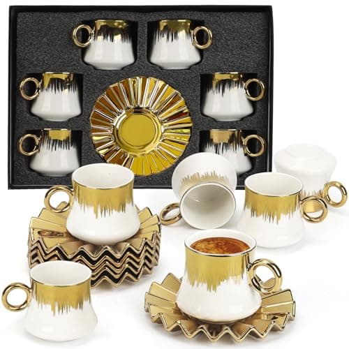 Hebaogugu Coffee Cup Set of 6 with Saucers, 3.5 OZ Ceramic Espresso Cups, Deco Gold Trim Coffee Cup Gift for Cappuccino, Latte, Cafe Mocha and Tea, Dishwasher & Microwave Safe (White and Gold)