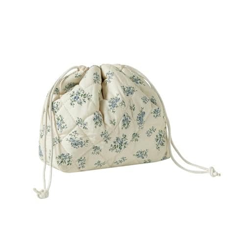 Cotton Quilted Drawstring Makeup Bag with Canvas Lining,Coquette Aesthetic Cute Travel Toiletry Bag,Drawstring Gift Bag for Women and Girls(11Blue Flower)