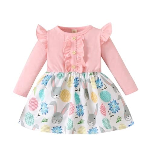 Toddler Baby Girl Easter Outfits Ruffle Long Sleeve Bunny Print One-Piece Dress Rabbit Skirt (US, Age, 12 Months, 18 Months, Pink)