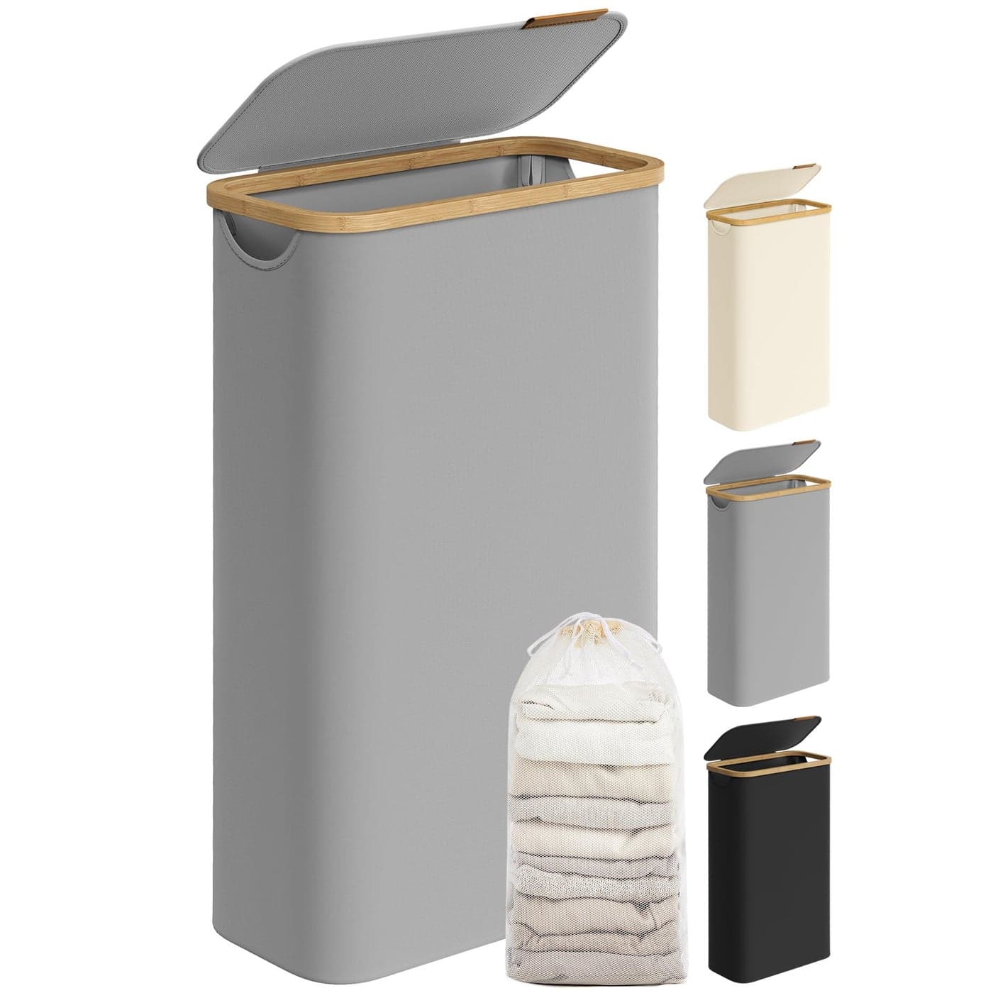 SONGMICS Laundry Basket with Lid Slim Laundry Hamper 65L SpaceSaving Removable Mesh Liner Oxford Fabric Bamboo Handles Collapsible 42 x 225 x 705 cm Dove Grey LCB506G01