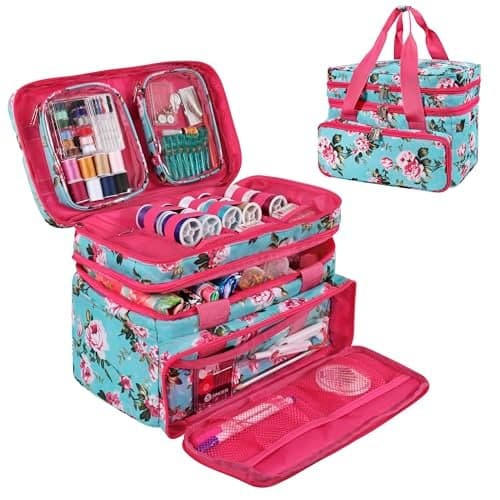 SINGER Sewing Accessories Organizer Bag Only Double Layer Portable Sewing Storage Bag 2 Detachable Pouches and 18 Compartments Large Sewing Supplies Crafting CarryAll Turquoise Floral