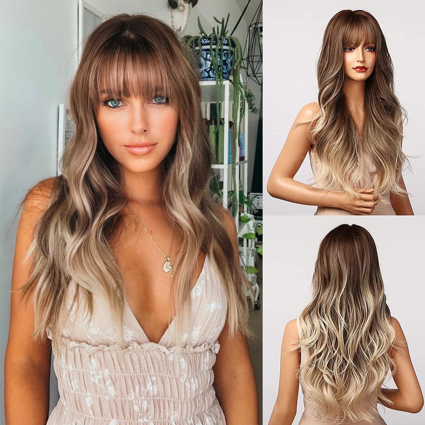 Honygebia Light Brown Wig with Bangs Long Ombre Wavy Wigs for White Women Ash White Synthetic Heat Resistant Hair Natural Best Wigs for HalloweenChristmasCosplayParty