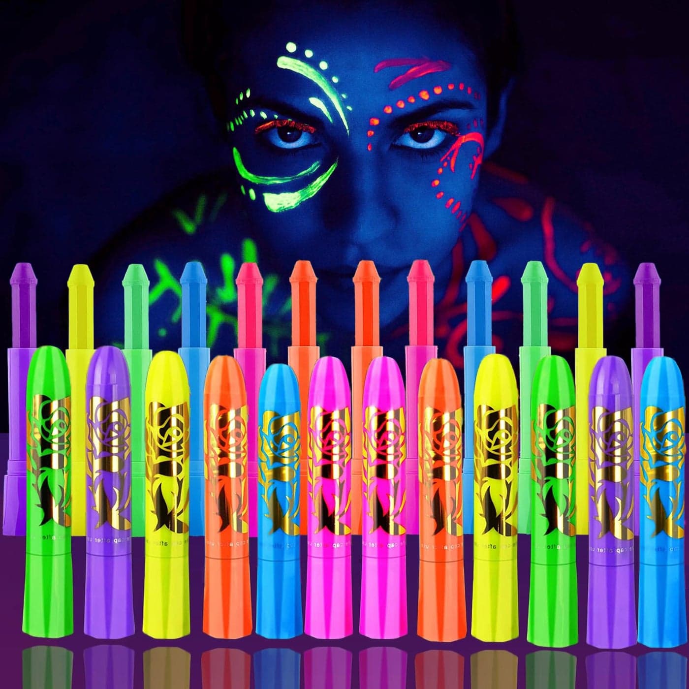12 Pieces Glow Blacklight Face Body Paint Makeup Glow in The Dark Face Painting Kit Neon Paint Sticks for Kids Adult Halloween Glow Party