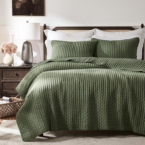 WDCOZY Olive Green Cross Stitch Twin Size Quilt Set, Striped Lightweight Soft Bedspread, Channel Farmhouse Rustic Coverlet, All Season Country Bedding, Thin Comforter