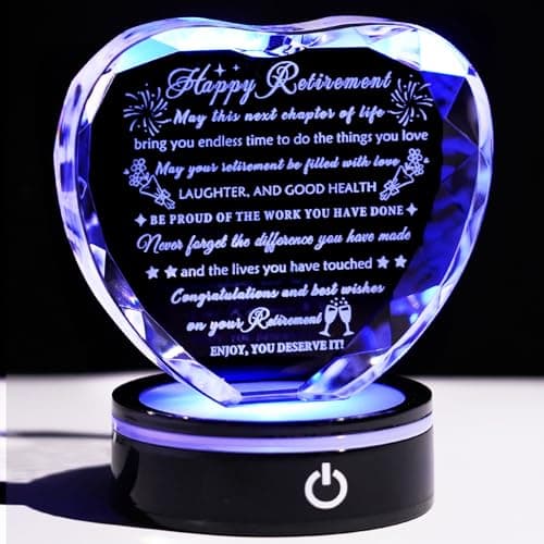 YWHL Retirement Gifts for Women Men Best Happy Retirement Gifts with LED Base Crystal Heart Keepsake Farewell Retired Plaque Gift Idea for Retiree Friends Boss Teacher Coworker Nurse