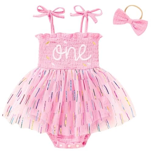 TITKKOP Baby Girl 1st Birthday Clothes One Year Old Tulle Romper Sleeveless Bodysuit Cake Smash Outfits(Pink2,9-12M)
