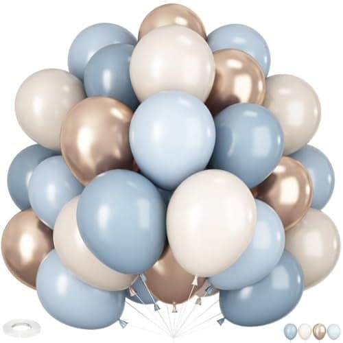 HILAVO Dusty Blue and Gold Balloons 60 PCS 12 Inch Slate Fog Pastel Baby Blue Sand White and Gold Balloons for Baby Boy Shower Bridal Shower Birthday Wedding Party Decorations