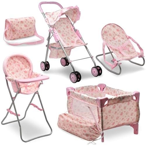 Baby Doll Stroller Bed and Seat Nursery Playset Baby Doll Accessories Furniture Set High Chair Diaper Bag Role Play Deluxe Baby Doll Floral Set