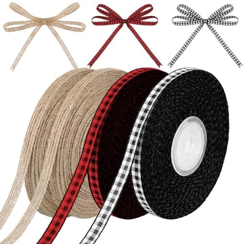 Xinnun 4 Rolls 100 Yards Christmas Ribbons Black Red Buffalo Plaid Fabric Ribbon Checked Gingham Ribbon Natural Burlap Ribbons for Wrapping Craft DIY Party Decor024 InchBlack and Red