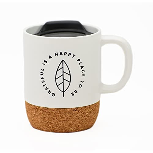 Dexsa Ceramic Designer Coffee Mug | Grateful is a happy place to be | Holds 14 ounces | Cork Bottom with Lid | Great for Coffee, Tea, Soups, Hot Chocolate