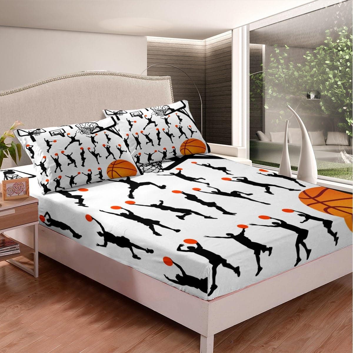 Basketball Print Bedding Sheet Sports Theme Fitted Sheet for Kids Boys Girls Teens 3D Ball Pattern Bed Sheet Set Breathable Gift for Basketball Player Black White Comforter Cover Room Decor Full Size