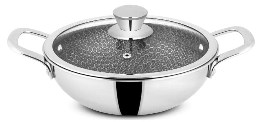 Orange Triply Stainless Steel Honeycomb Deep Kadai with Glass Lid 25L 22cm Diameter 5 Year Warranty Honeycomb Finish Induction Friendly Easy Clean Stylish Silicon Handles Silver