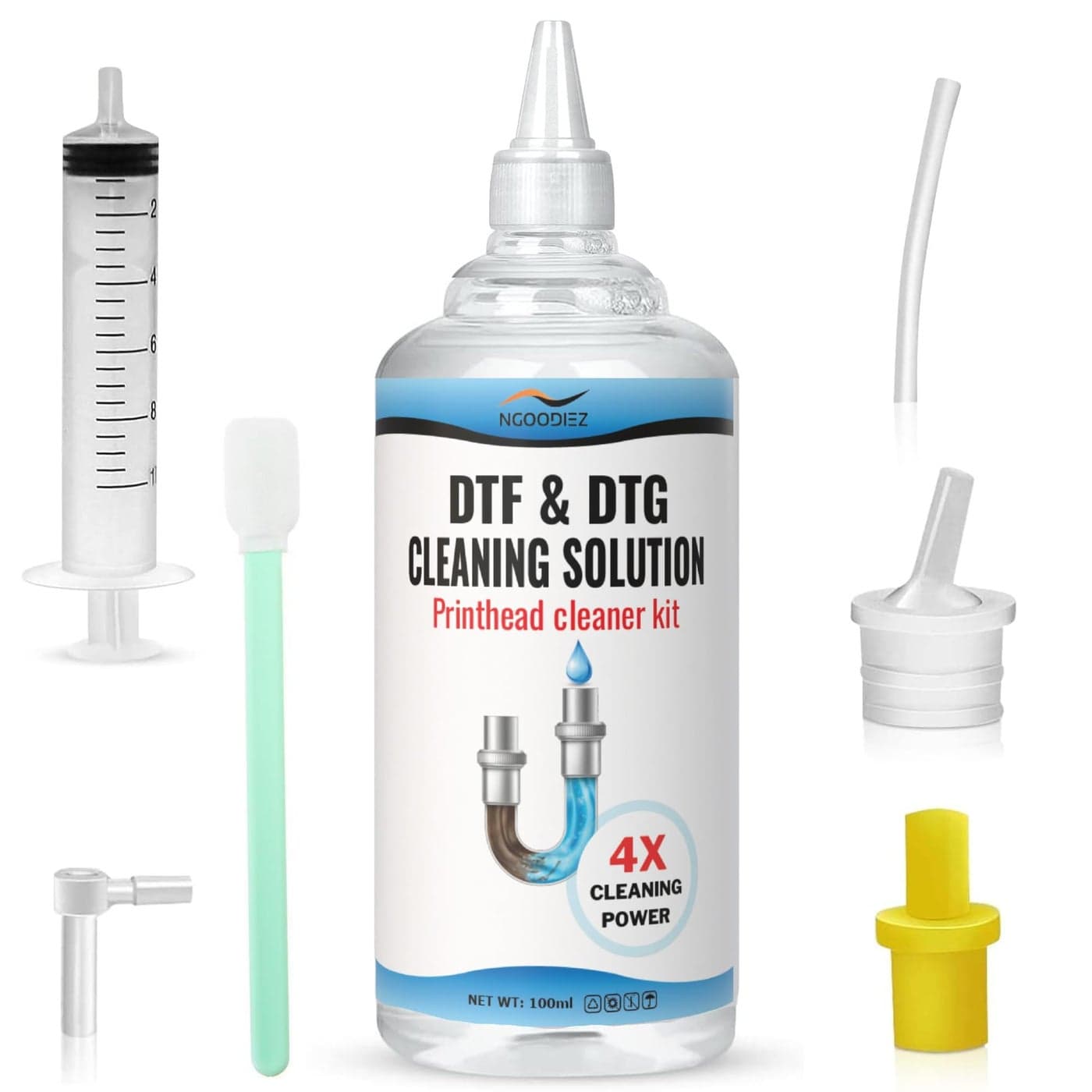 NGOODIEZ Printhead Cleaning Kit for Any DTF Printer/DTG Printer - Universal Printhead Cleaner Kit for Printer Nozzle - Printer Cleaning Kit for Direct Transfer Film Printers (100mL Solution)