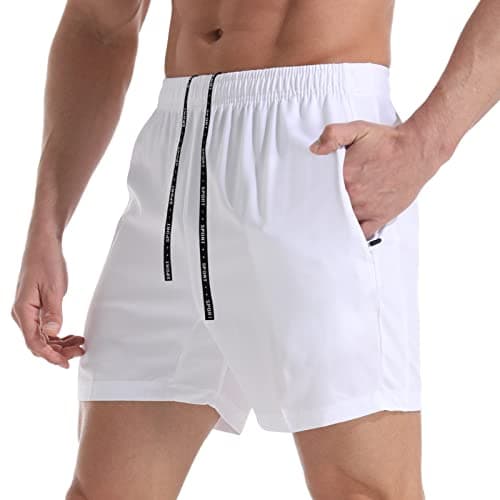 VPOS Gym Shorts for Men 5 Inch - Lightweight Mens Athletic Shorts Quick Dry Workout Running Shorts with Zipper Pockets (White, Medium)