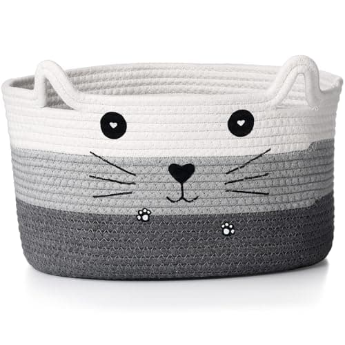 Zopeal Cat Basket Storage Woven Organizer with Ears Easter Decorative Gift Pet Toy Cute Cotton Rope Basket for Gift Cat Dog Toy Bin Nursery Room(13.7 x 7.8 Inch,White, Light Gray, Dark Gray)