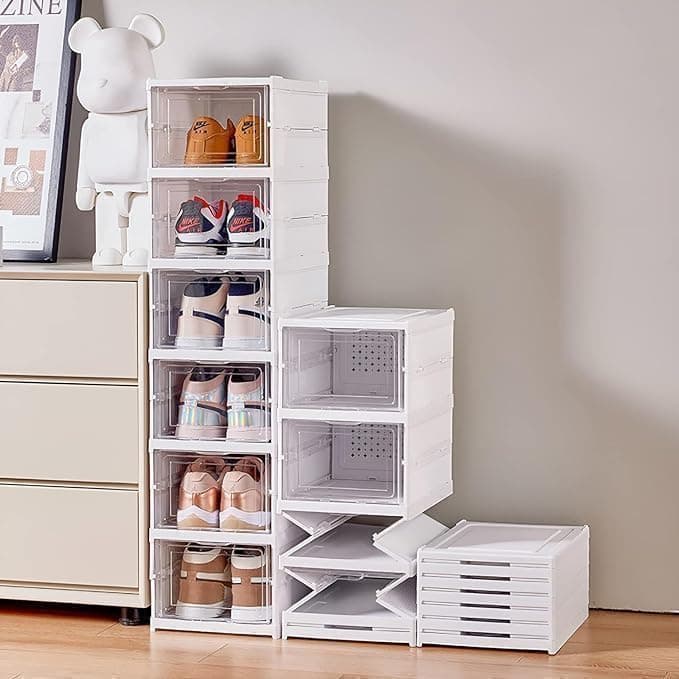 Portible Sneaker Containers Foldable Shoe Rack for Home Plastic Dustproof Stackable Shoe Organiser One Piece Fast Easy Assembly Shoe Stand for Sneaker Max Load Capacity 100lbs 6 Layer