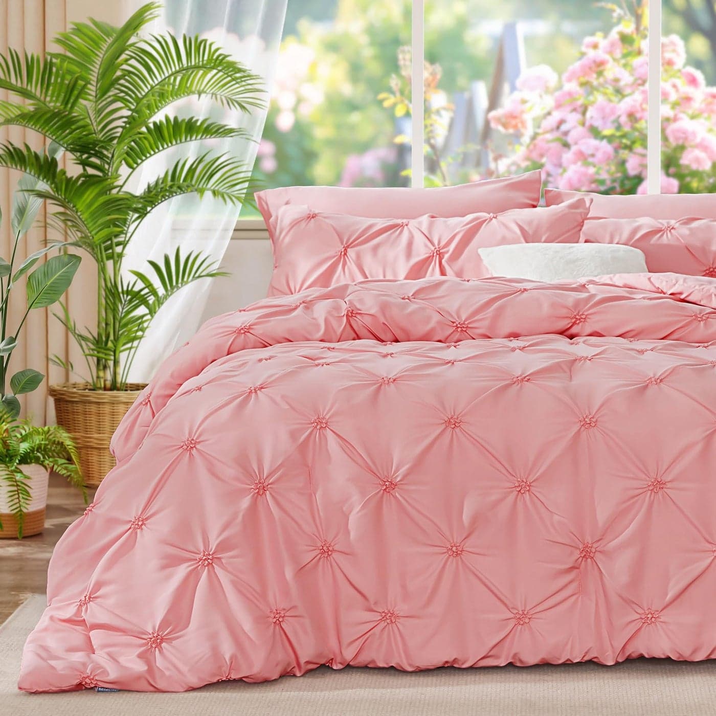 BEDELITE Pink Twin Comforter Set 2 Peices Boho Pintuck Bedding Comforter Sets Lightweight Soft Warm Twin Bedding Sets with 1 Pillowcase for All Season