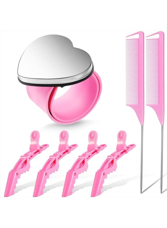 7 Pieces Hair Braiding Tools 1 Piece Magnetic Pin Wristband and 2 Pieces Stainless Steel Pintail Rat Tail Comb with 4 Pieces Wide Teeth Alligator Sectioning Hair Clip for Hair Braid Maker (Pink)