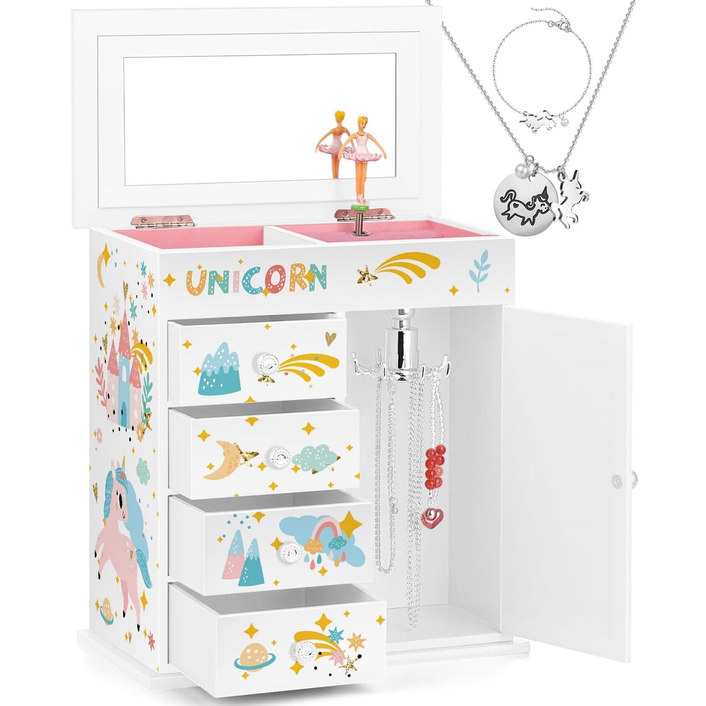 efubaby Jewelry Box for Girls 5Layer with Swing Door Spinning Ballerina Unicorn Castle Design Unicorn Jewelry Set Included Kids Music Box for Little Girls Birthday Christmas Gift White