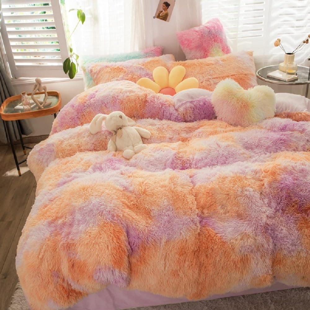 SUCSES Plush Shaggy Duvet Cover Set for Girls 3 Pcs Fluffy Full Size Bedding Sets Faux Fur Tie Dye Teen Girl Bed Set Colorful Rainbow Ombre Comforter Cover Set Pink Orange Full