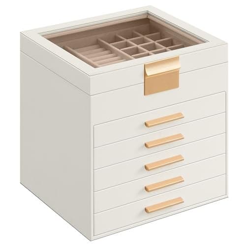 SONGMICS Jewelry Box Organizer with Glass Lid, 6-Layer Jewelry Storage, with 5 Drawers, Modern Style, 8 x 9.1 x 9 Inches, Cloud White and Gold Color UJBC176W01