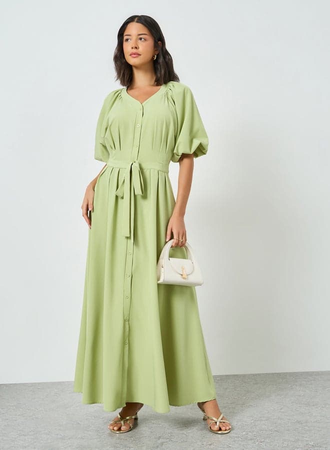 Green Front Tie-Up V Neck Maxi Dress