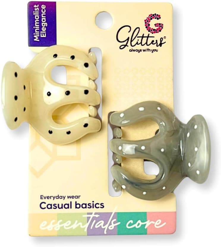 Glitter Polka Dot Mini Hair Claw Clips, Strong Spring, 2-Pack, Cream and Grey