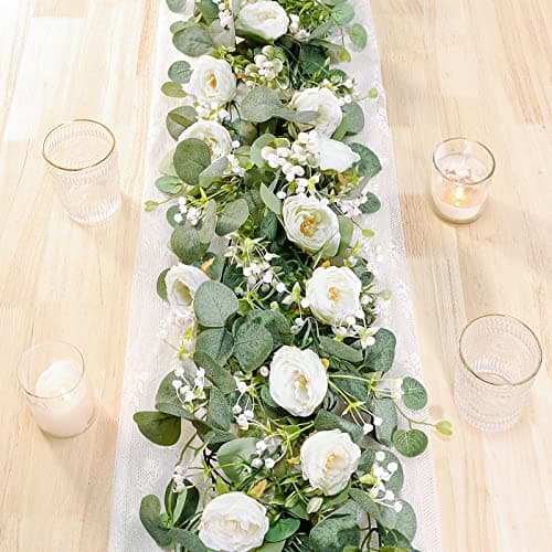 TOCHGREEN 2 Pack 13Ft Artificial Eucalyptus Flower Garland with White Roses, Fake Rose Flower Greenery Garland Floral Vines for Wedding Home Party Table Runner Decor (2PCS, White)