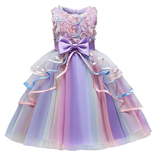 NNJXD Girl Dress Kids Ruffles Lace Party Wedding Dresses Size (120) 4-5 Years Flower 736 Purple