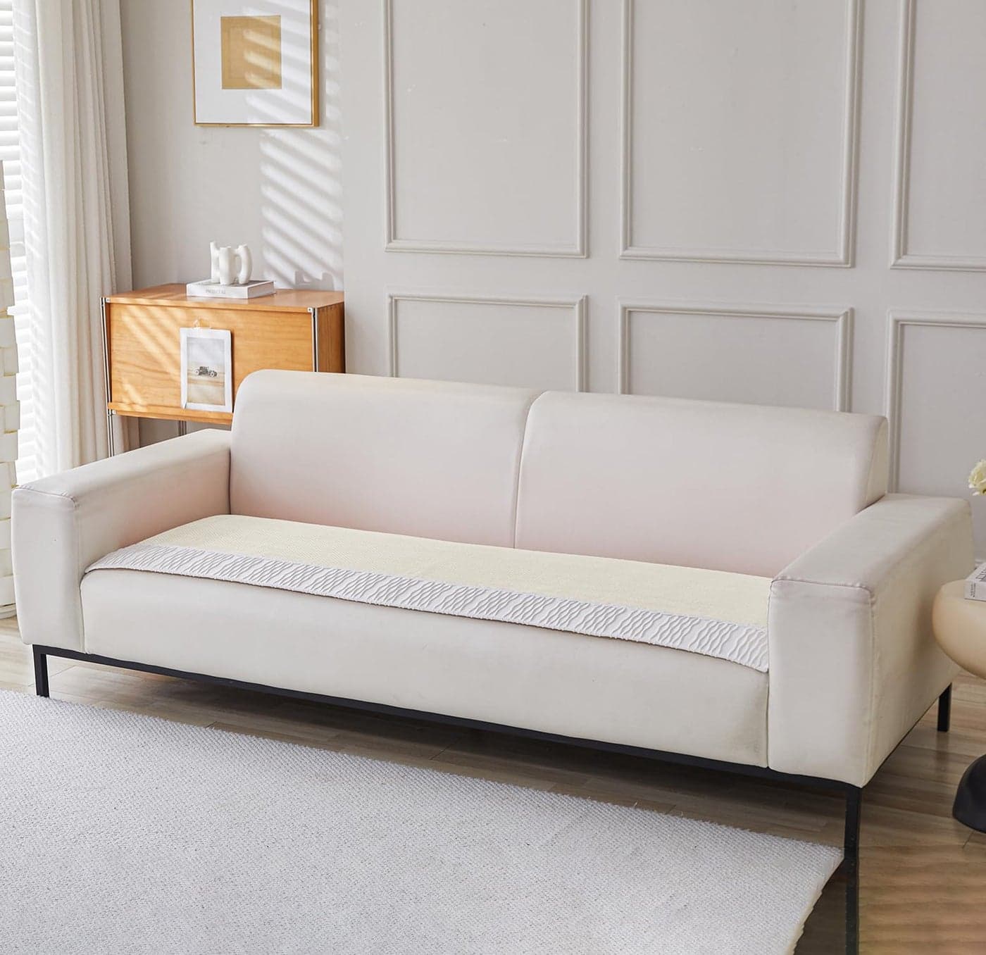 House of Quirk Velvet Sofa Covers Corduroy French Style Sofa Furniture Protector 1/2/3/4 Seater Sofa Cover Anti-Slip Sofa Slipcover (Three Seater, Cream, 70x180cm)