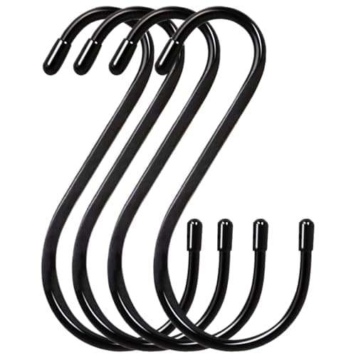 Rysnirs 6 Inch S Hooks 4-Pack Large Closet S Hooks for Hanging Plants, Jeans, Pans, Black, Vinyl Coated Steel Metal Rubber
