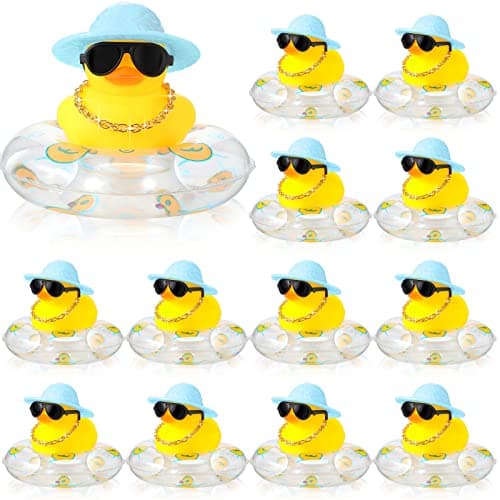 Sotiff Mini Rubber Ducks Bulk for Kids Children Cute Yellow Duck Toy for Dashboard of Car Ornaments with Sunglasses Swim Ring Mini Hat Necklace for Birthday Party Gift12 SetsCute