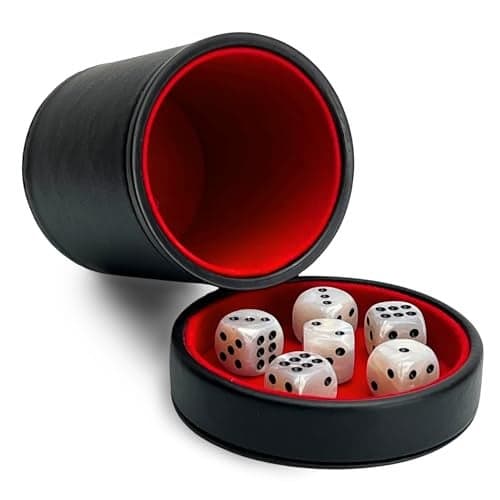 Luck Lab Black Leather Dice Cup with Lid Including 6 Matching Pearl Dice Red Velvet Interior for Quiet Shaking Use for Liars Dice Farkle Yahtzee Board Games