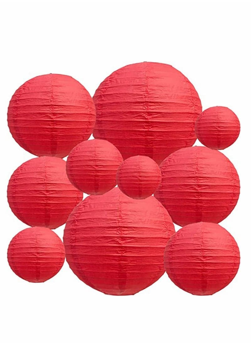 10Pcs Red Paper Lanterns Decorative, Chinese/Japanese Hanging Round Foldable Lanterns for Birthday, Wedding, Bridal Shower, Home Decor, Party (Sizes: 4”, 6”, 8”, 10”)