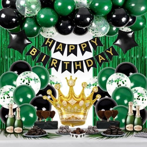 Green Happy Birthday Decorations for Men with Happy Birthday Banner Fringe Curtains Star Foil BalloonsBalloon Kits for 21st25th 27th 30th 35th 40 50 60th Birthday Decorations