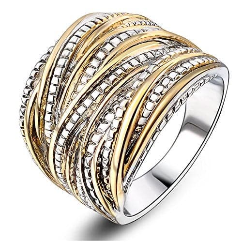 Mytys 2 Tone Intertwined Crossover Statement Ring Fashion Chunky Band Rings for Women Black Gold Silver Rose Gold Plated Wide Index Finger Rings Costume Jewelry (Gold and silver, 9)