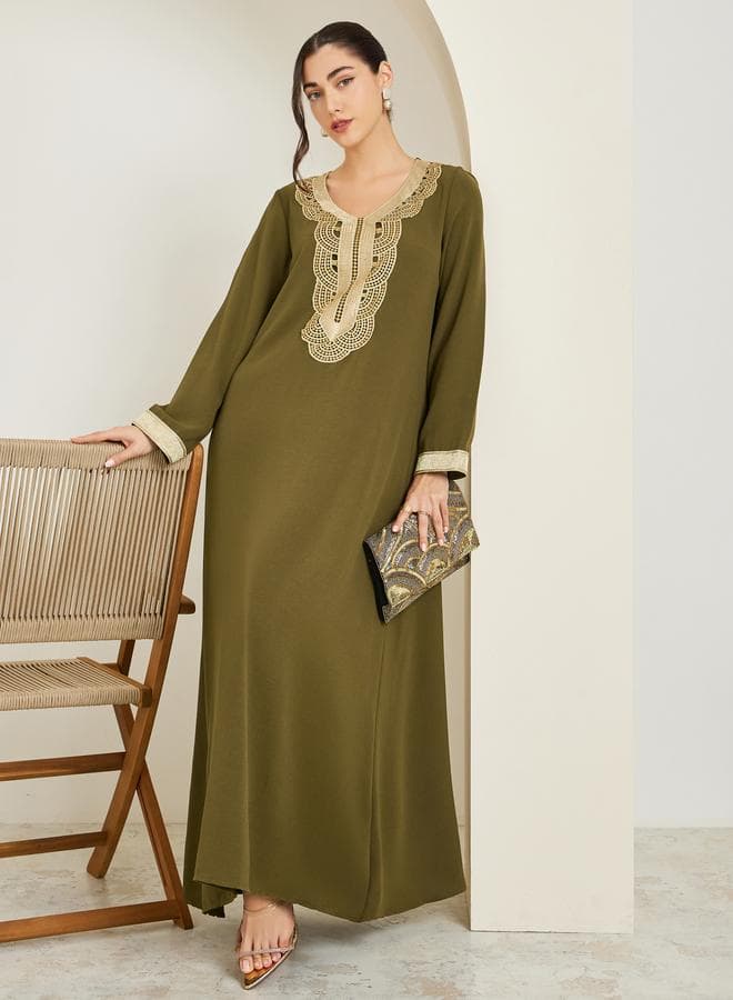 Women Olive Embroidered A-Line Jalabiya