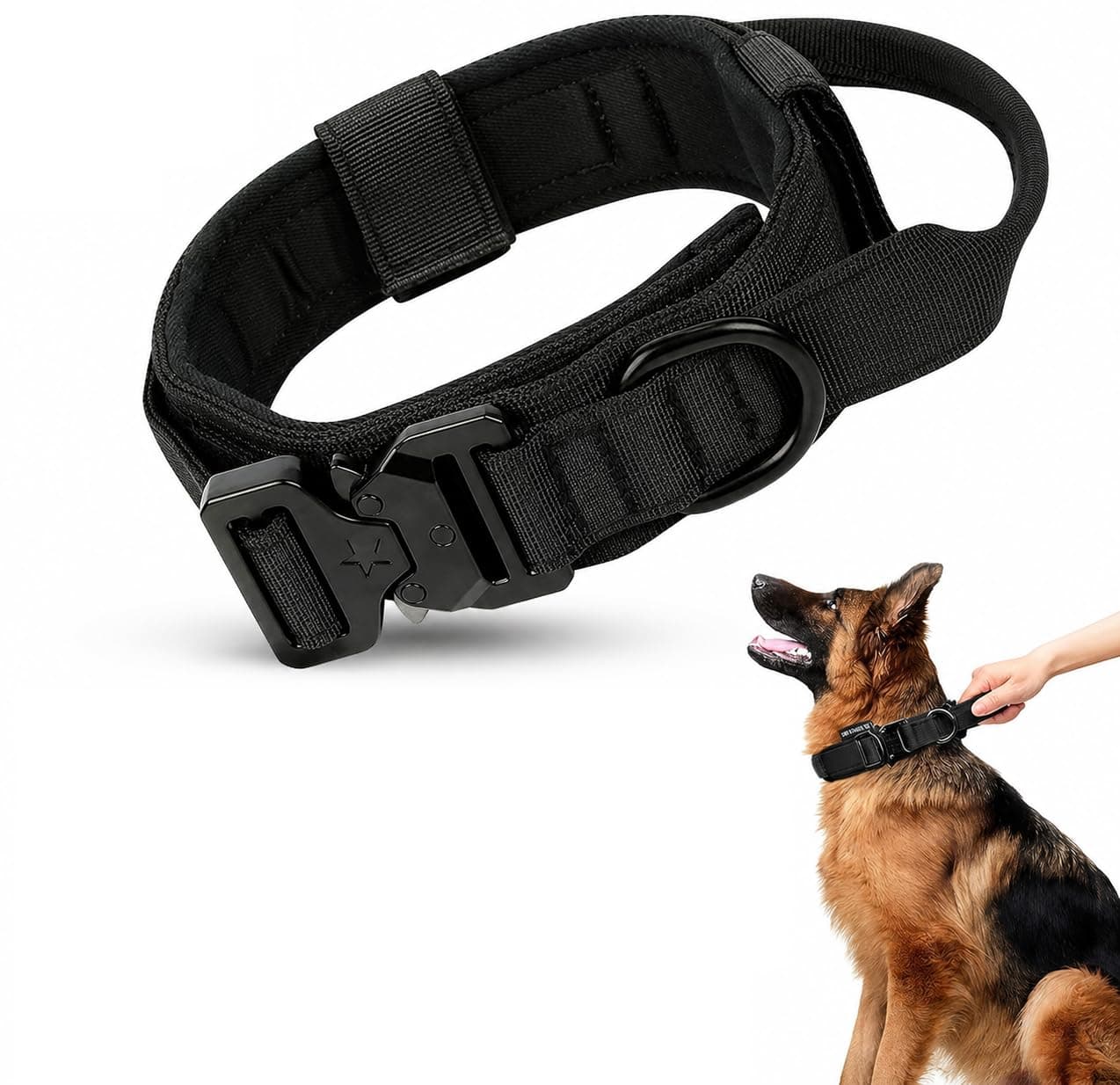 WapaW Tactical Dog Collar and Leash Set, Adjustable Military Dog Collar with Control Handle and Heavy Metal Buckle, Dog Training Collar with Bungee Leash for Large Medium Dogs. (Black, XL - Collar)