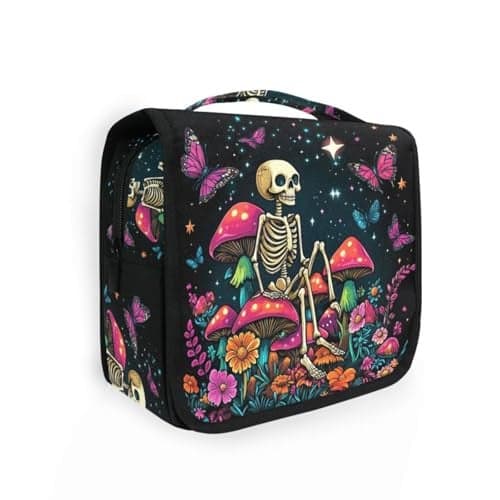 MNSRUU Hanging Toiletry Bag Skeleton Sitting on Mushrooms with Butterflies Travel Makeup bag for Toiletries Portable Travel Toiletry Organizer Cosmetic Bags with Hanging Hook