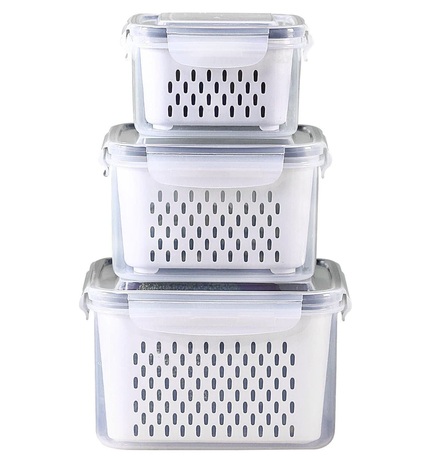 Ronanemon 3Pack Fridge Food Storage Container Set with Lids with Strainer, Fruit Vegetable Storage Containers Keep Fruits, Vegetables, Berry, Meat Fresh longer, BPA-Free Plastic Produce Keepers