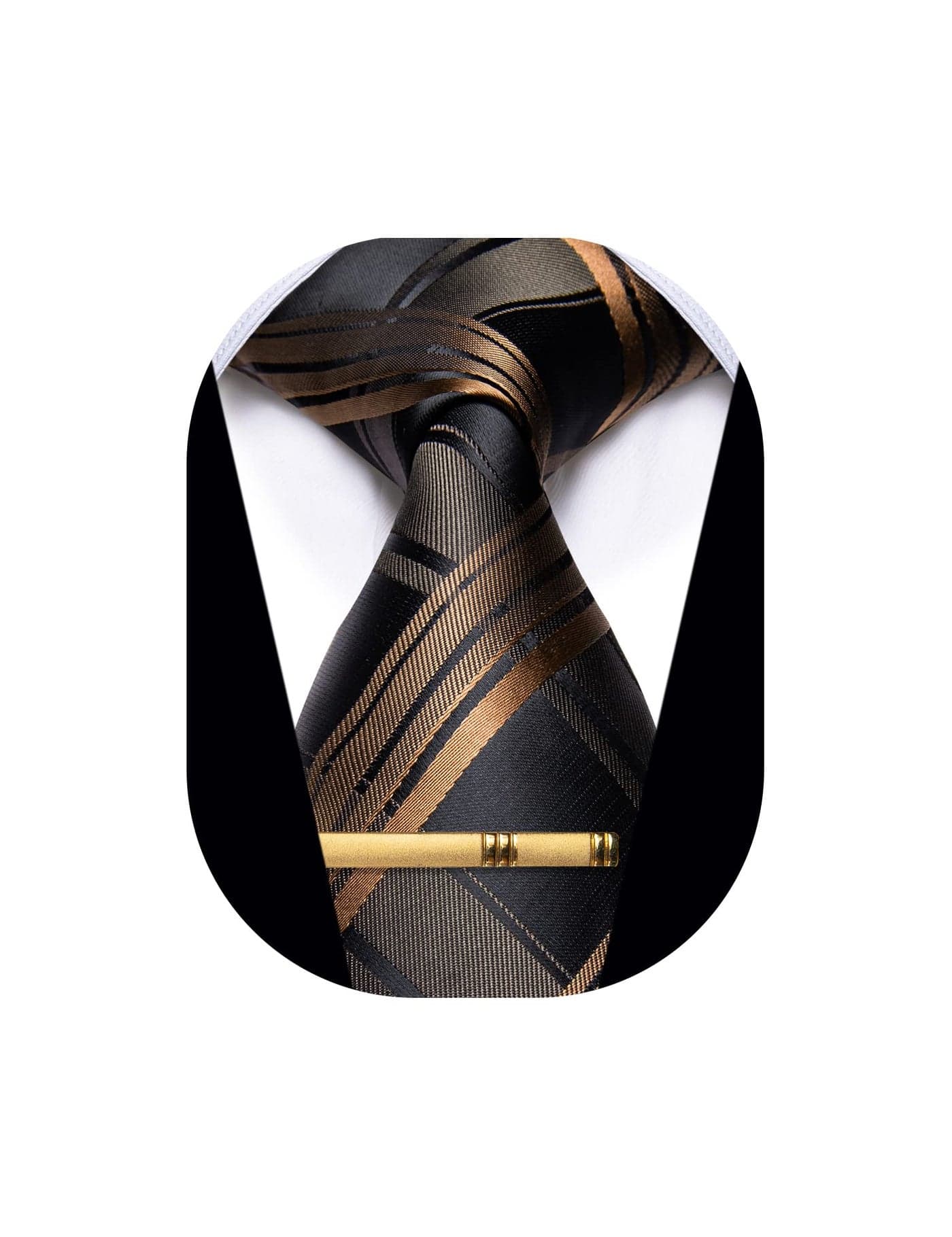 YourTies Mens Neckties Silk Classic Brown Striped Ties for Men with Tie Clip Formal Bussiness