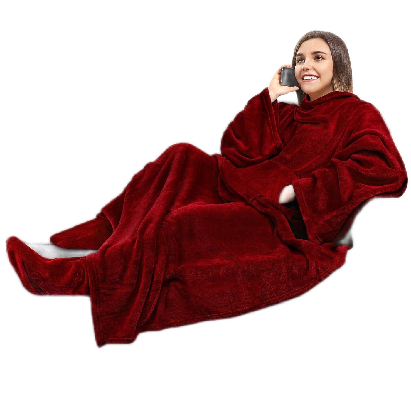PAVILIA Fleece Blanket with Sleeves Foot Pockets for Women Men Adults Plush Wearable Blanket Throw Wrap Warm Snuggle Blanket Robe Cozy Gift Ideas Wife Mom Burgundy Red
