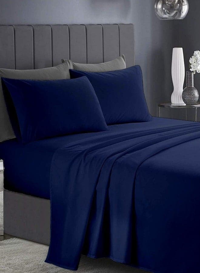 RISHAHOME 3 Piece Deep Pocketed Fitted Bedsheet Set Twin Size|Navy Blue Colour |1 Fittedsheet - 120x200+20 cm, 2 Pillowcases - 50x75 cm|Non allergic Microfiber for year-around use.