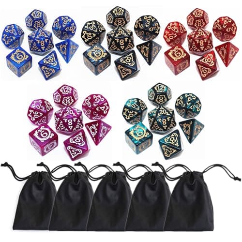 CREEBUY Polyhedral DND Dice Set 5 Pack Vintage DragonPatterned Dice Sets Compatible with Dungeons and Dragons DD RPG Games35 Pieces 5 Colors with Black