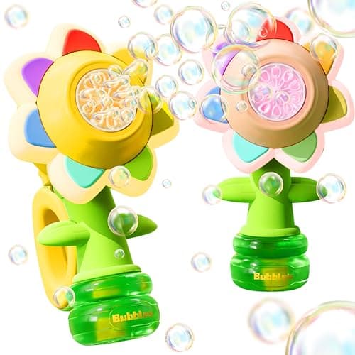 2 Pack Rechargeable Flower Bubble Guns for Kids WLED Lights 10 Refill Solutions Fun Swing Dance Bubble Maker Machine Blower Blaster ToysOutdoor Summer Play Easter Birthday Party Favors Gifts